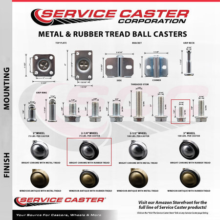 Service Caster 2.25 Inch Bright Chrome Soft Tread Ball Caster –5/16 Inch Threaded Stem, 4PK SCC-TS01S214-DCR-BC-5161812-4